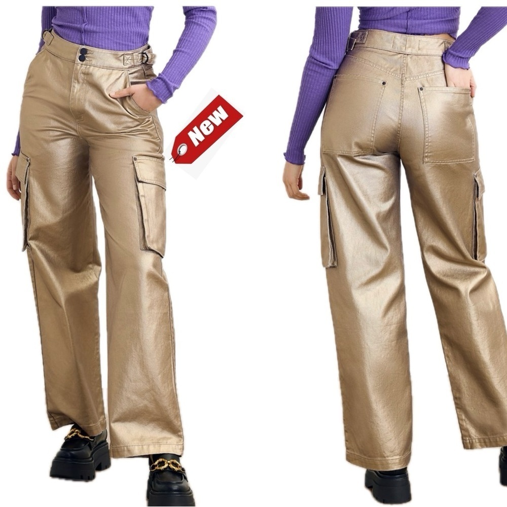 Circus NY metallic gold foil High Rise Slouchy Cargo Denim Jean pants NWT